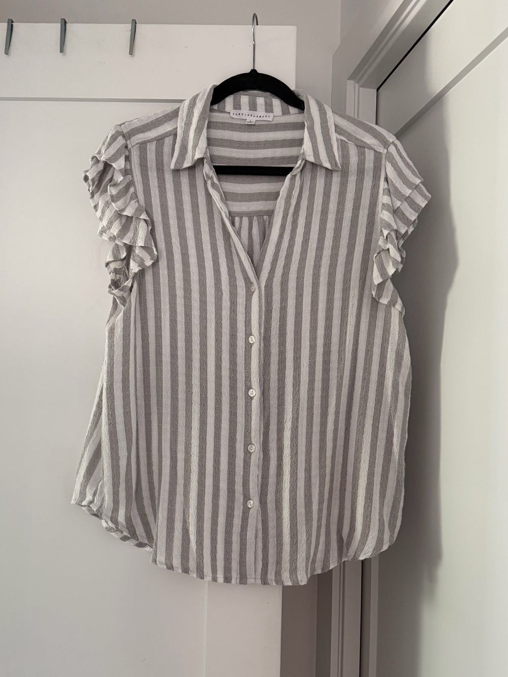 Jane and Delancey Gray & White Striped Ruffle Sleeve Button-Front Blouse